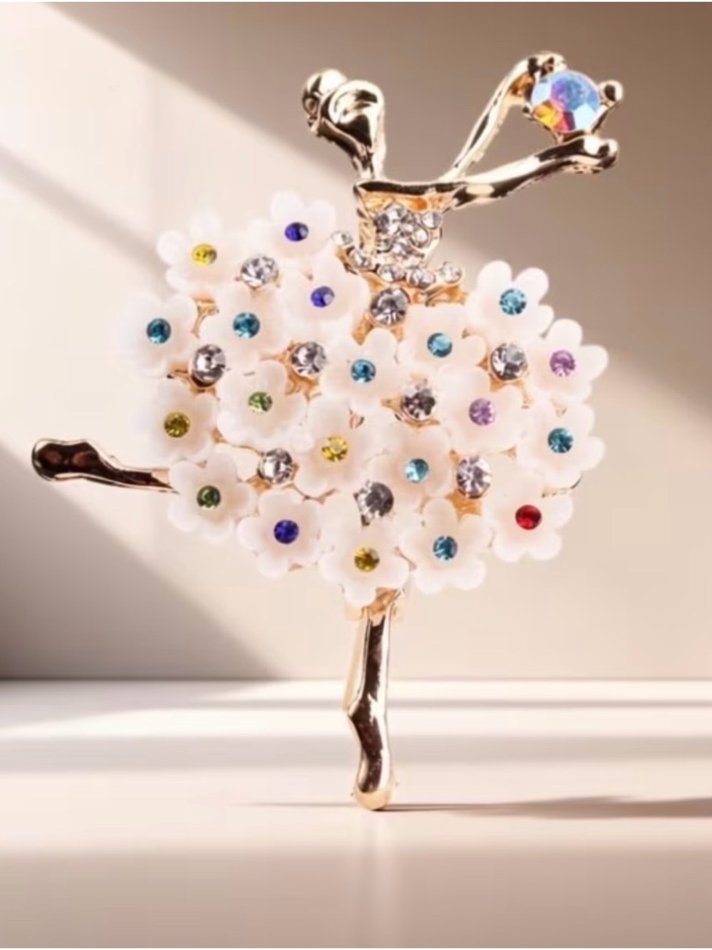 Elegant Floral Rhinestone Dancer Brooch | Multicolor Crystal Gold Pin